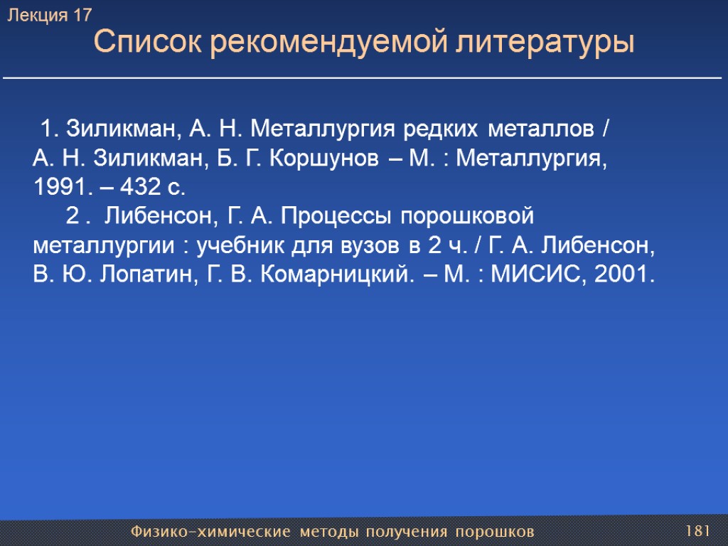 Физико-химические методы получения порошков 181 1. Зиликман, А. Н. Металлургия редких металлов / А.